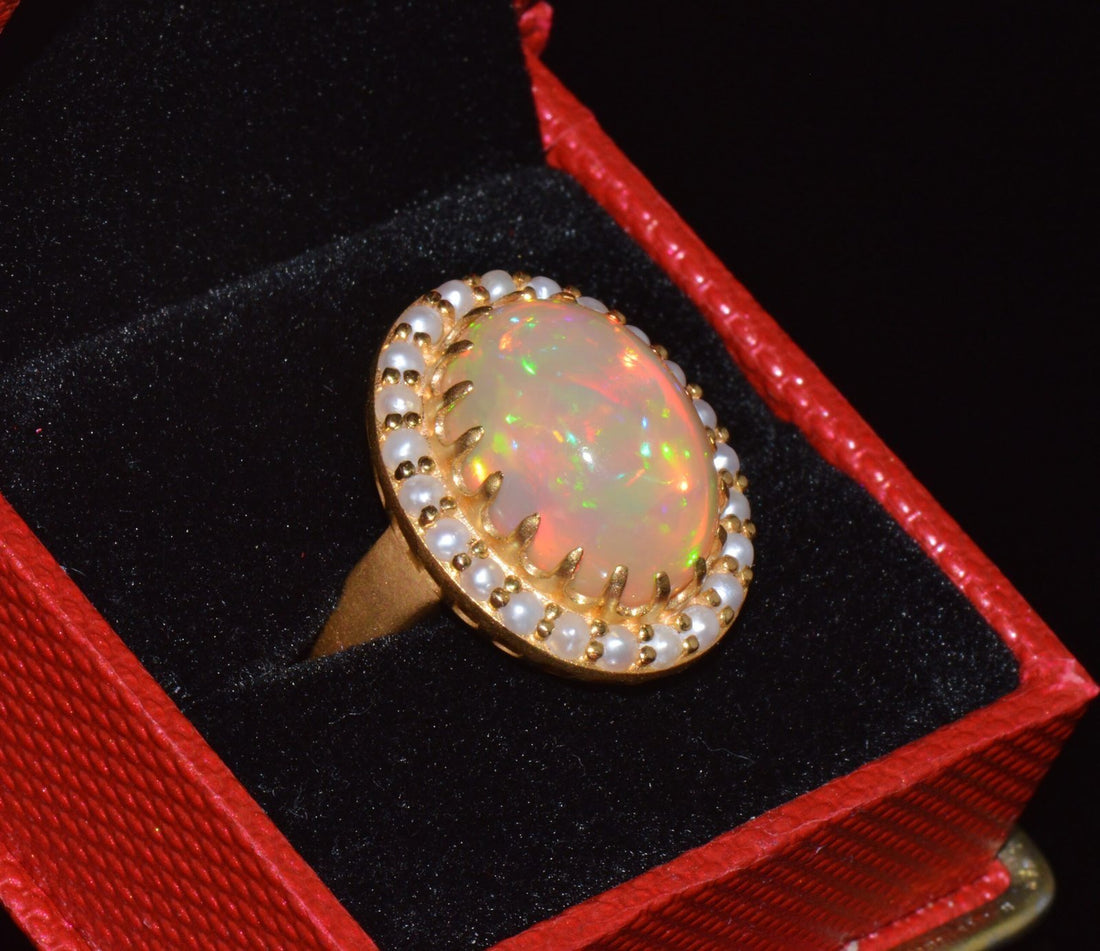 Certified Natural 13.78Cts Seed Pearl Opal Cocktail Halo Brushed 18K Solid Gold Ring