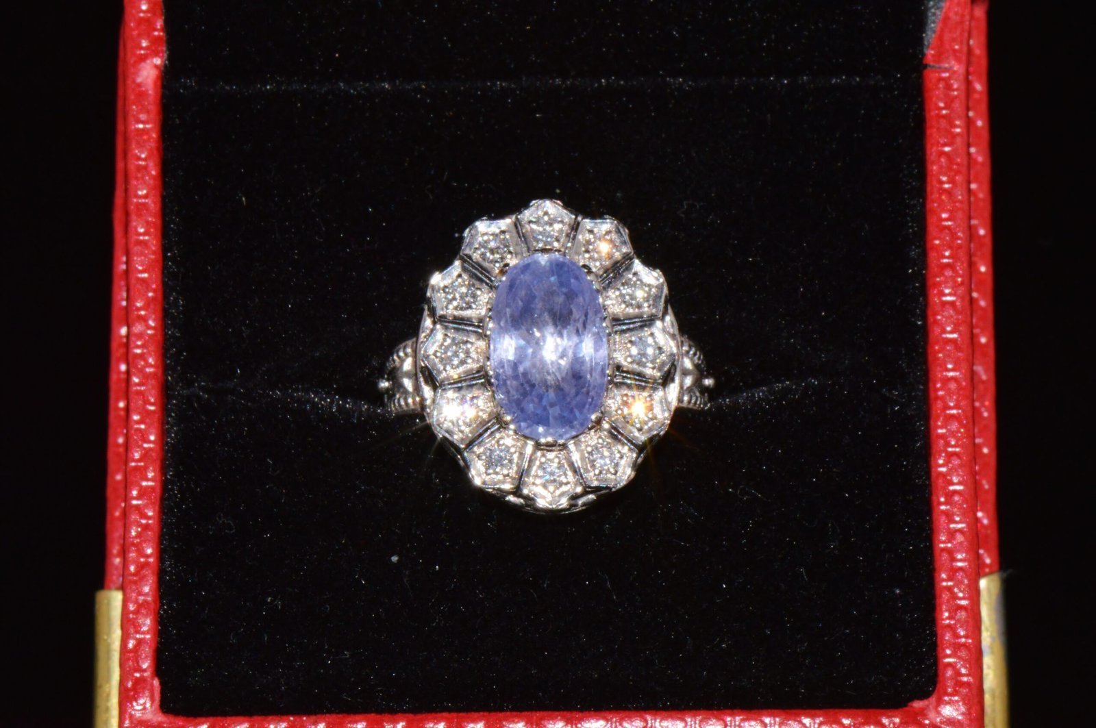 GIA Certified Natural 4CTS VS F Diamond No Heat Violet Sapphire 18K Gold Art Deco Etruscan Halo Ring