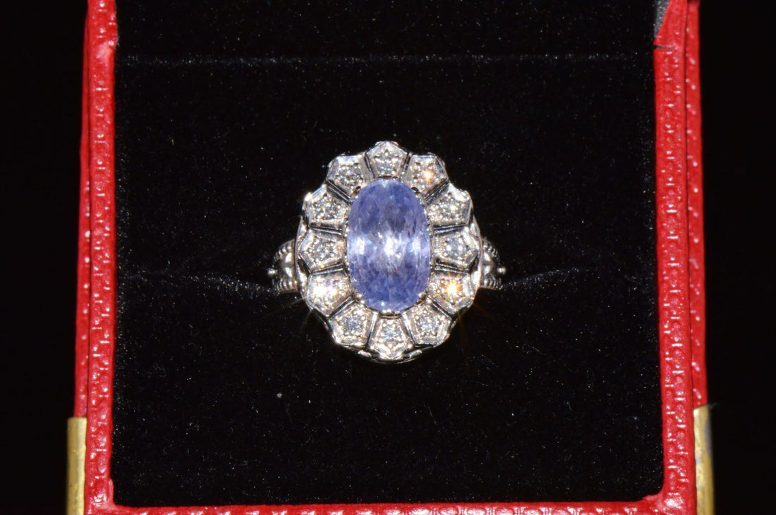GIA Certified Natural 4CTS VS F Diamond No Heat Violet Sapphire 18K Gold Art Deco Etruscan Halo Ring