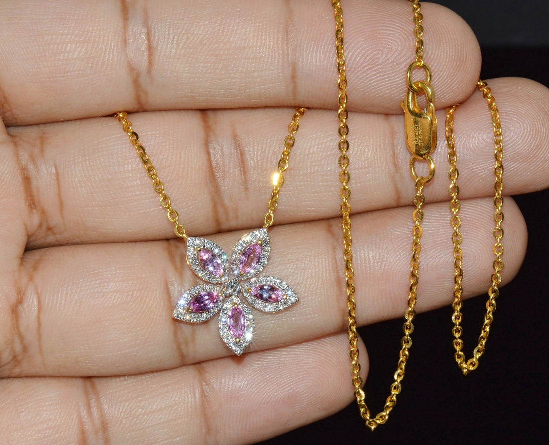 Certified Natural 1.23CTS Pink Sapphire & Diamond Floral Solid 18K Yellow Gold Necklace