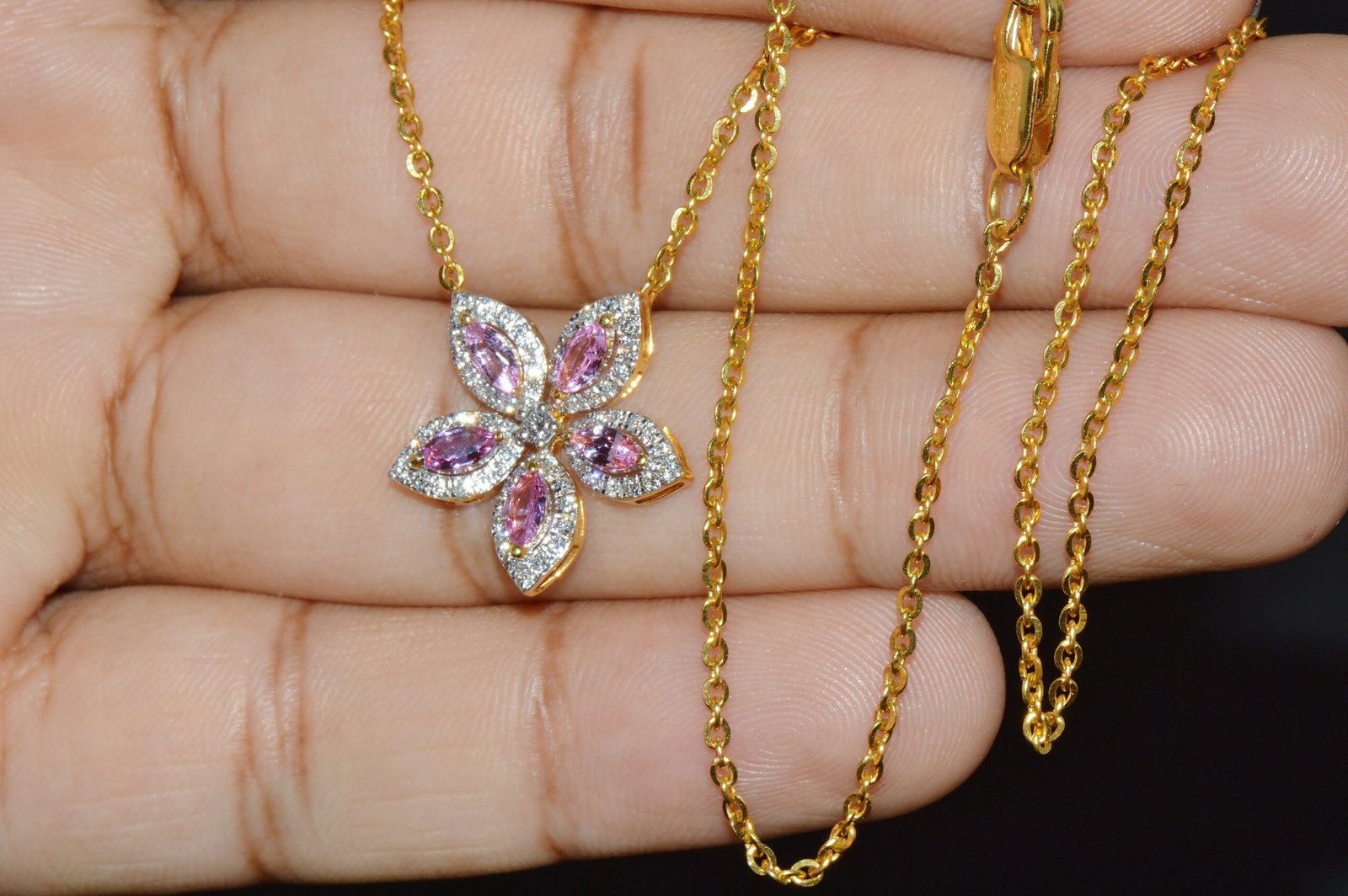 Certified Natural 1.23CTS Pink Sapphire & Diamond Floral Solid 18K Yellow Gold Necklace