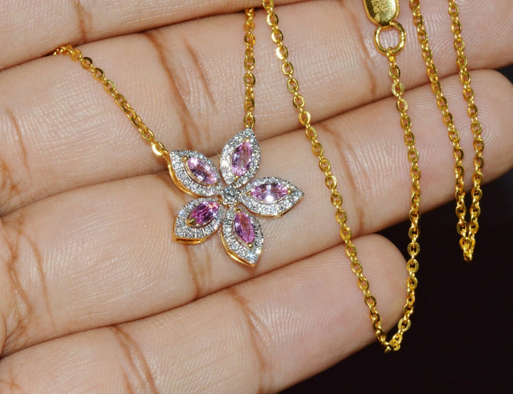 Certified Natural 1.23CTS Pink Sapphire & Diamond Floral Solid 18K Yellow Gold Necklace