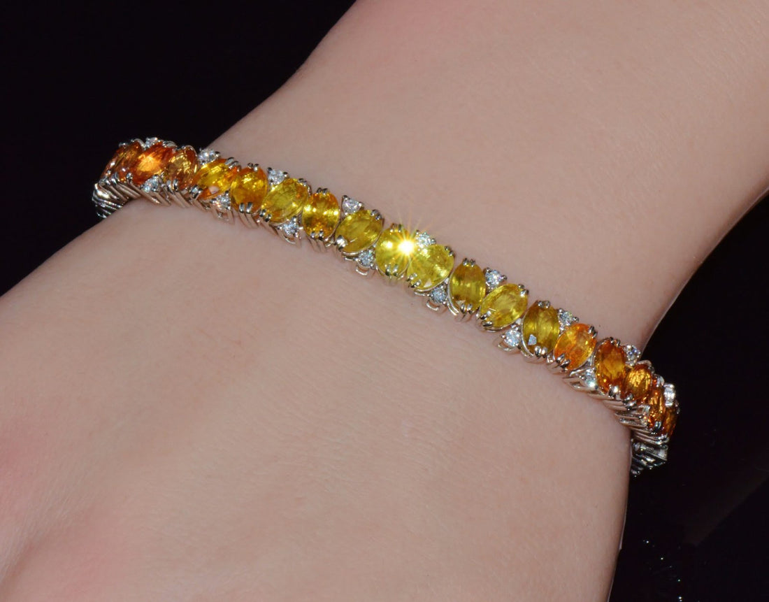 Certified Natural 26.80CTS VS F Diamond Sunset Gradient Sapphire 18K Solid Gold Tennis Stacking Bracelet
