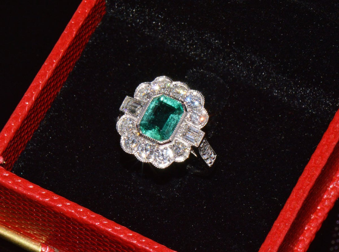 GIA Certified 2.53CT Natural Zambian Emerald & Diamond Halo Milgrain 18K White Gold Ring