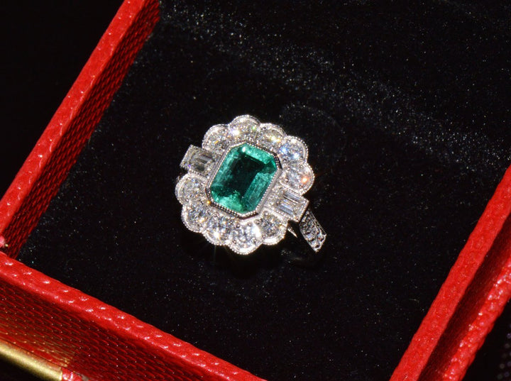 GIA Certified 2.53CT Natural Zambian Emerald & Diamond Halo Milgrain 18K White Gold Ring
