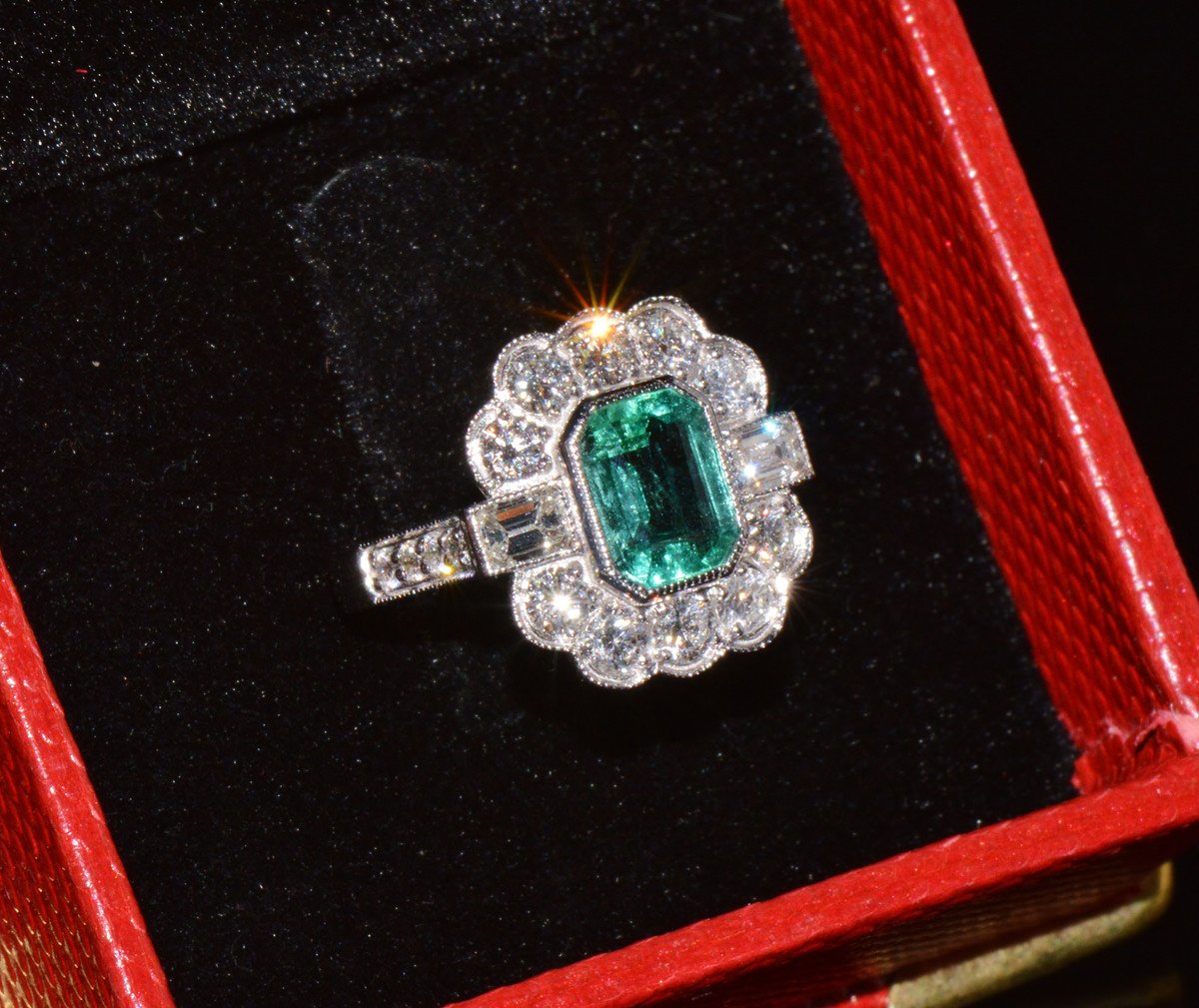 GIA Certified 2.53CT Natural Zambian Emerald & Diamond Halo Milgrain 18K White Gold Ring