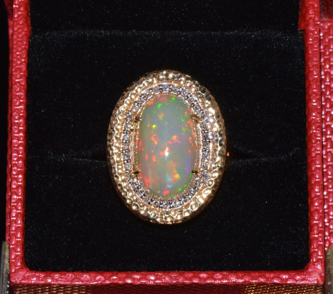 Certified Natural 7.44Cts VS F Diamond Opal Cocktail Halo Hammered 18K Solid Gold Ring