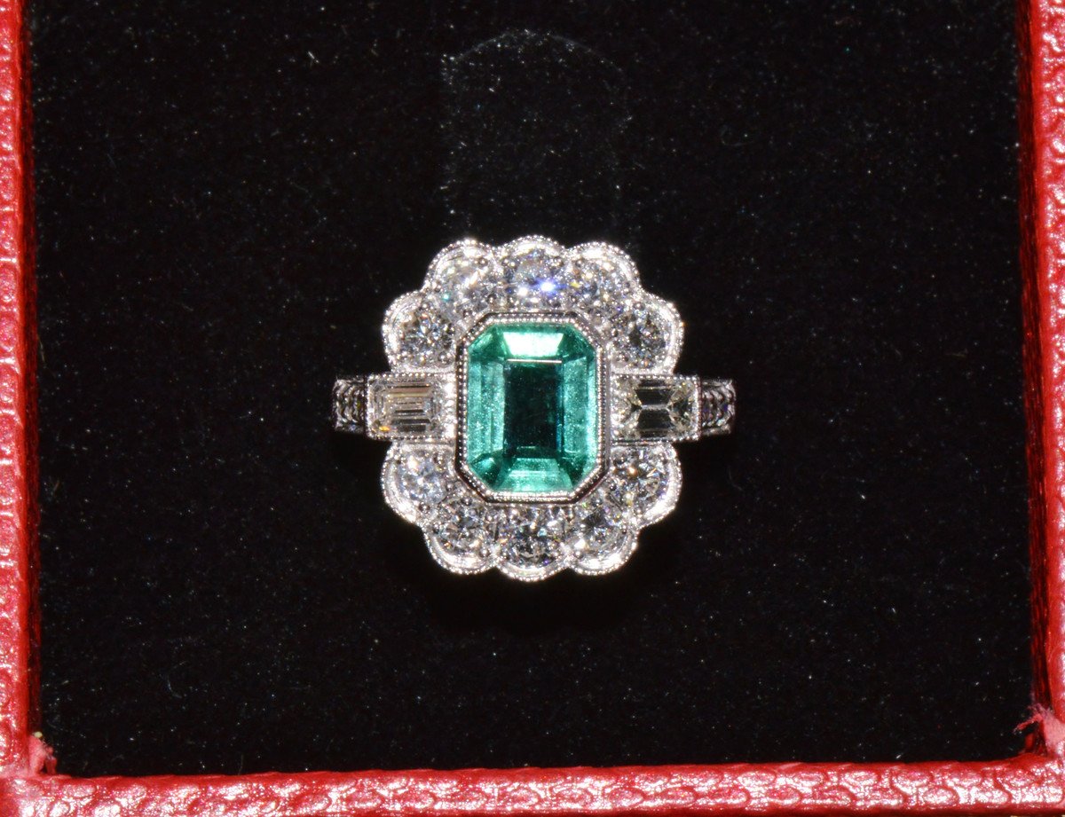 GIA Certified 2.53CT Natural Zambian Emerald & Diamond Halo Milgrain 18K White Gold Ring