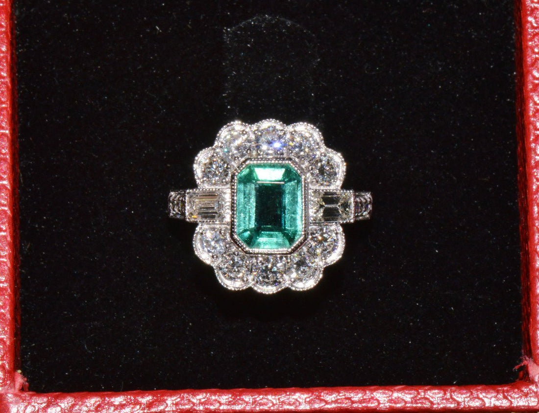 GIA Certified 2.53CT Natural Zambian Emerald & Diamond Halo Milgrain 18K White Gold Ring