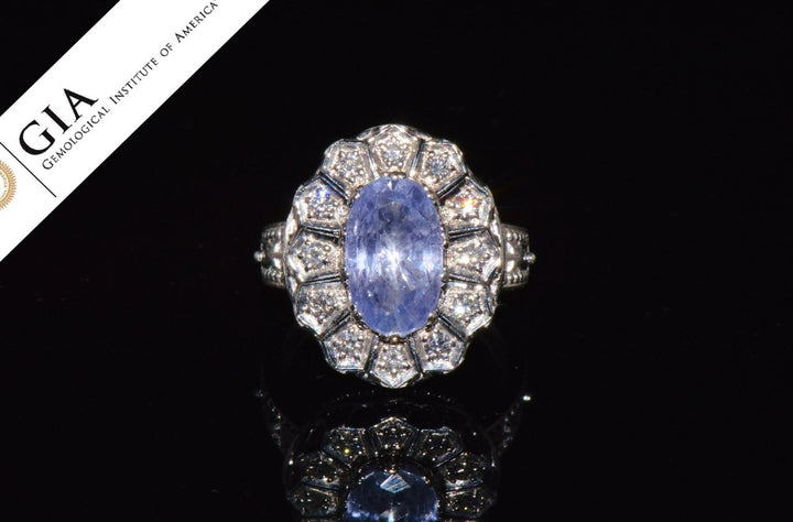 GIA Certified Natural 4CTS VS F Diamond No Heat Violet Sapphire 18K Gold Art Deco Etruscan Halo Ring