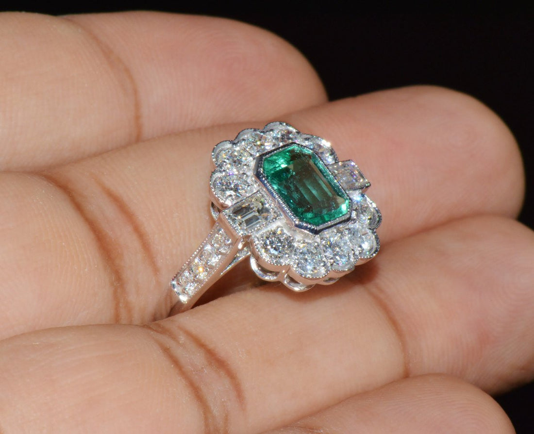 GIA Certified 2.53CT Natural Zambian Emerald & Diamond Halo Milgrain 18K White Gold Ring