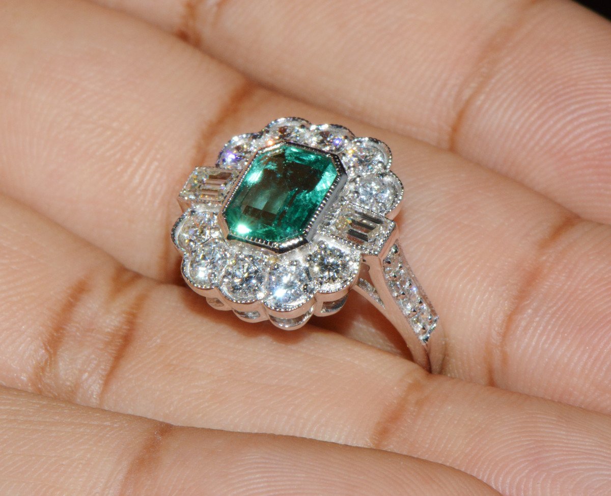 GIA Certified 2.53CT Natural Zambian Emerald & Diamond Halo Milgrain 18K White Gold Ring