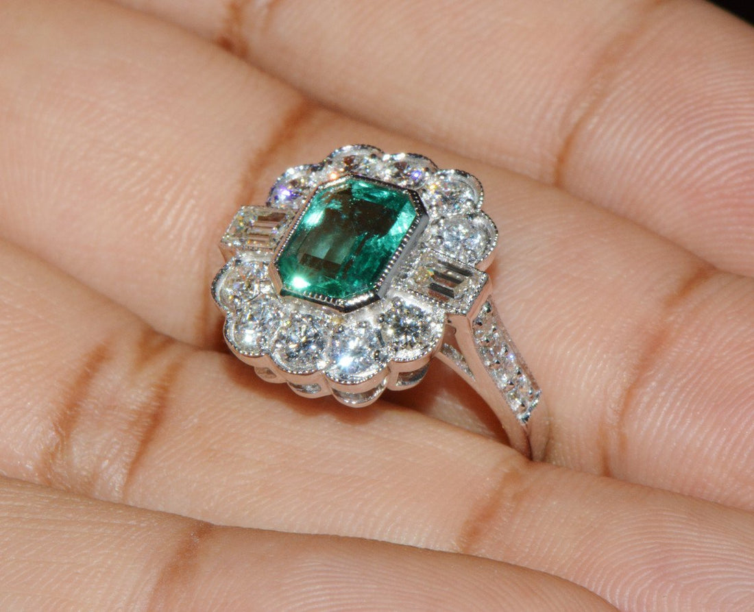 GIA Certified 2.53CT Natural Zambian Emerald & Diamond Halo Milgrain 18K White Gold Ring