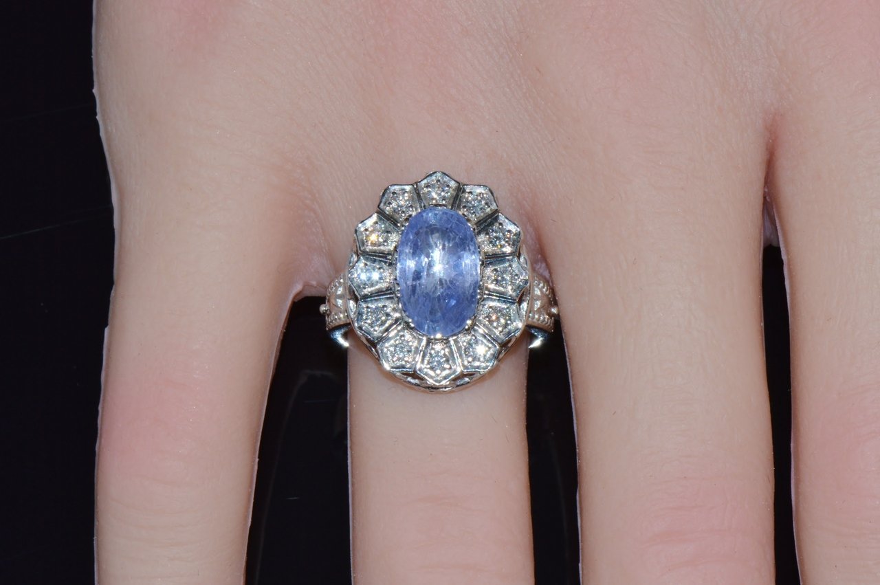 GIA Certified Natural 4CTS VS F Diamond No Heat Violet Sapphire 18K Gold Art Deco Etruscan Halo Ring