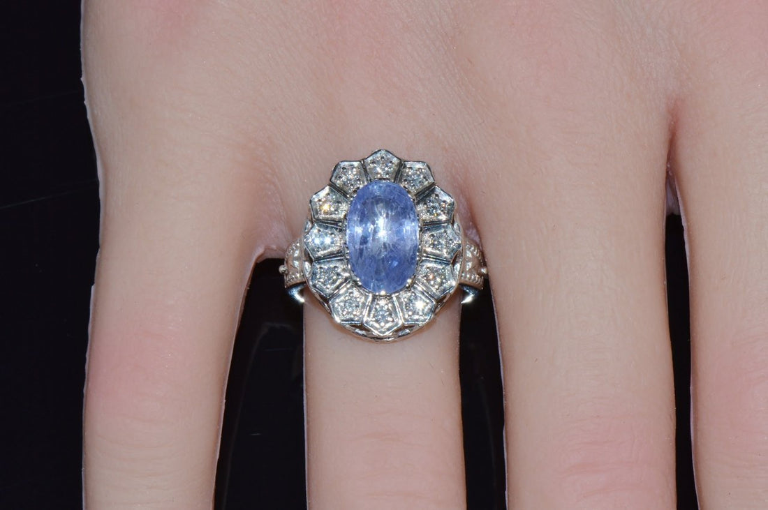 GIA Certified Natural 4CTS VS F Diamond No Heat Violet Sapphire 18K Gold Art Deco Etruscan Halo Ring