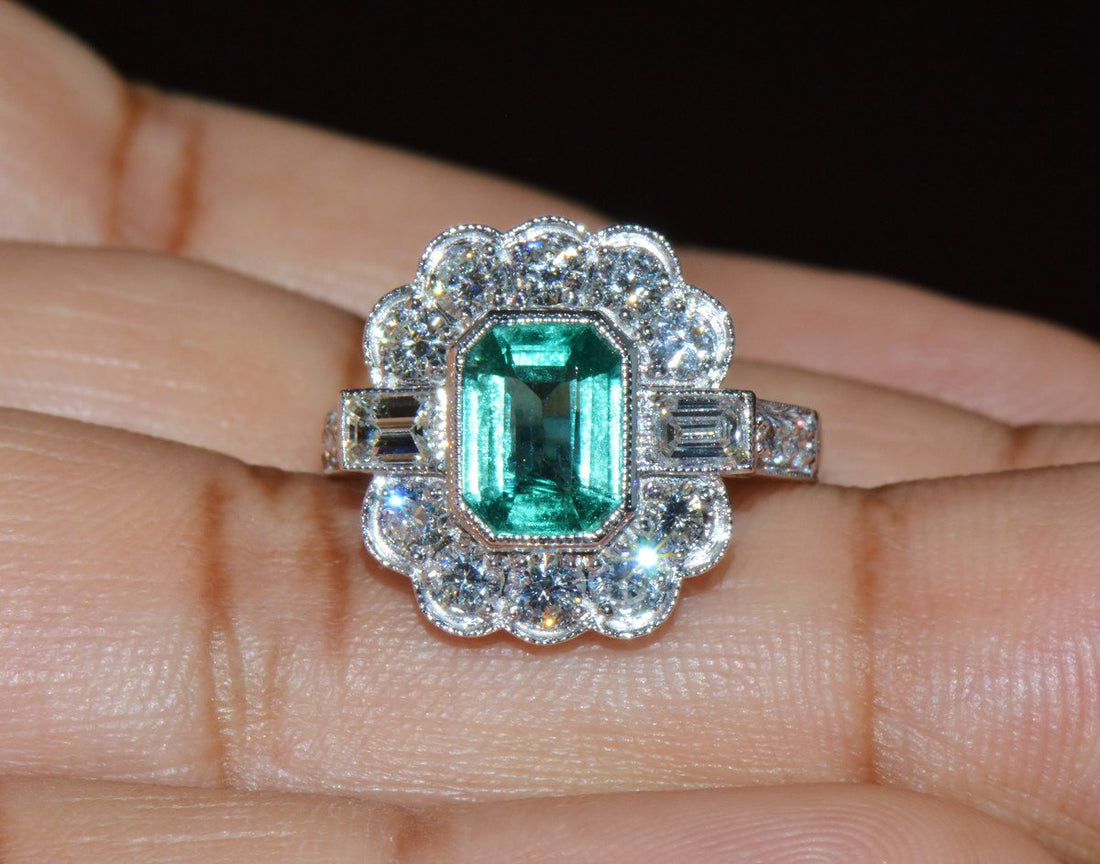 GIA Certified 2.53CT Natural Zambian Emerald & Diamond Halo Milgrain 18K White Gold Ring