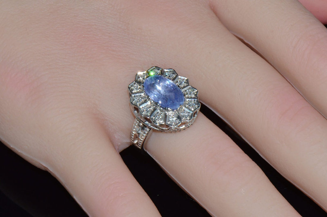 GIA Certified Natural 4CTS VS F Diamond No Heat Violet Sapphire 18K Gold Art Deco Etruscan Halo Ring