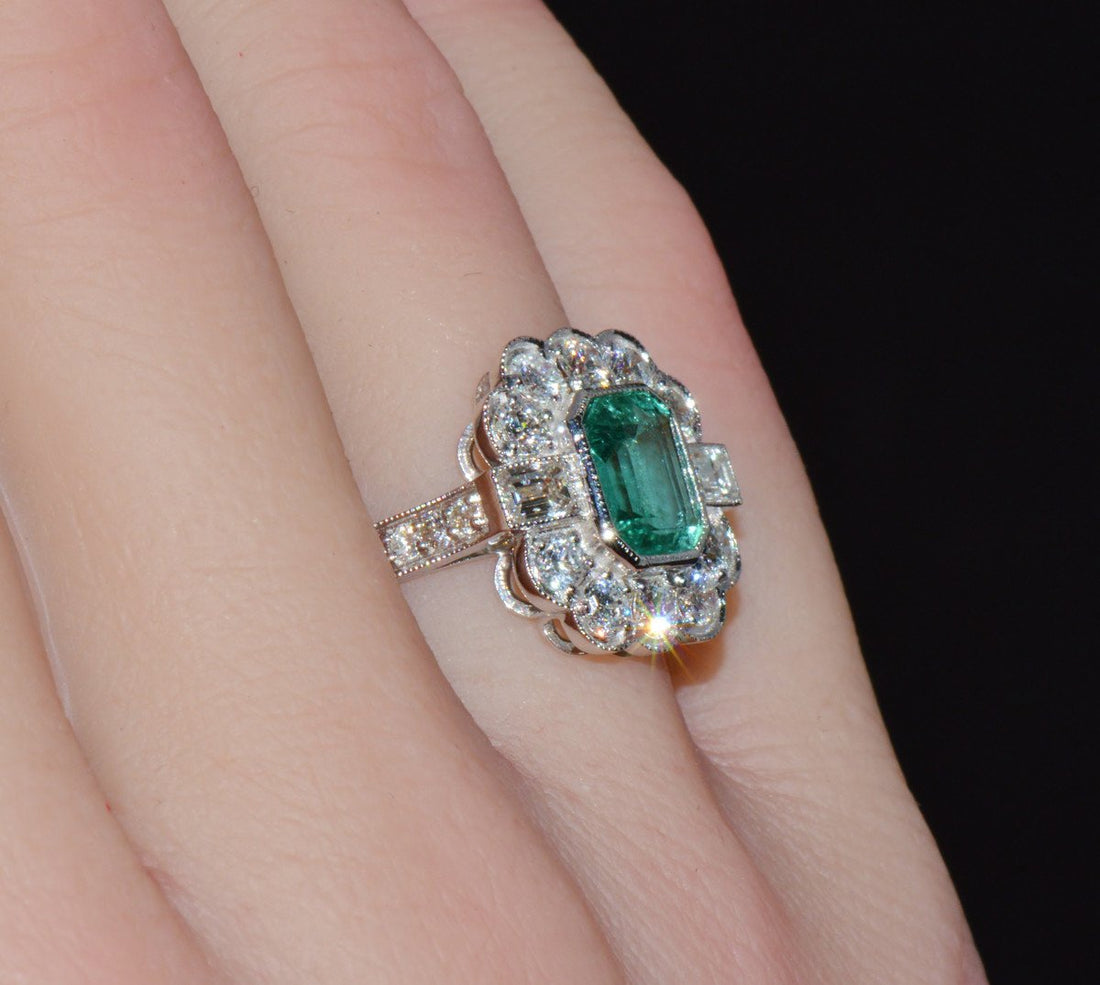 GIA Certified 2.53CT Natural Zambian Emerald & Diamond Halo Milgrain 18K White Gold Ring