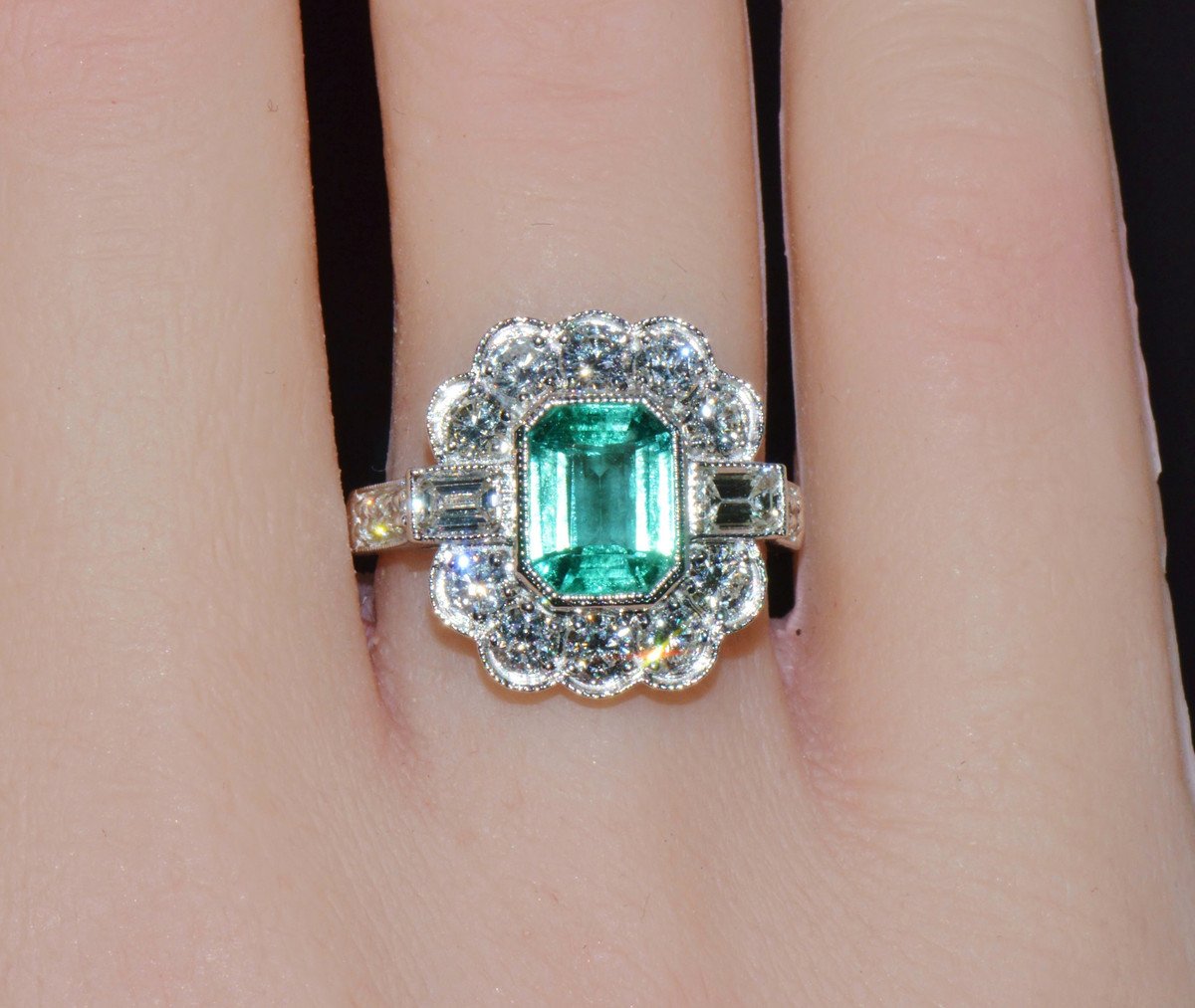 GIA Certified 2.53CT Natural Zambian Emerald & Diamond Halo Milgrain 18K White Gold Ring