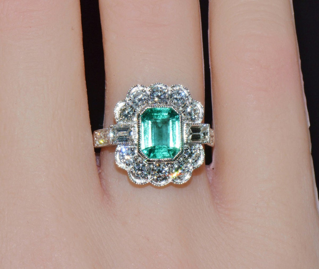 GIA Certified 2.53CT Natural Zambian Emerald & Diamond Halo Milgrain 18K White Gold Ring