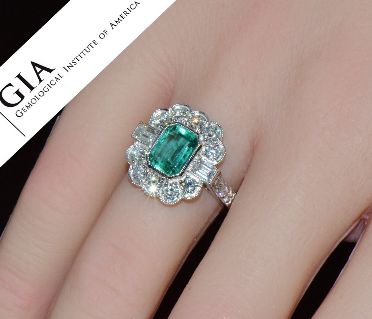GIA Certified 2.53CT Natural Zambian Emerald & Diamond Halo Milgrain 18K White Gold Ring