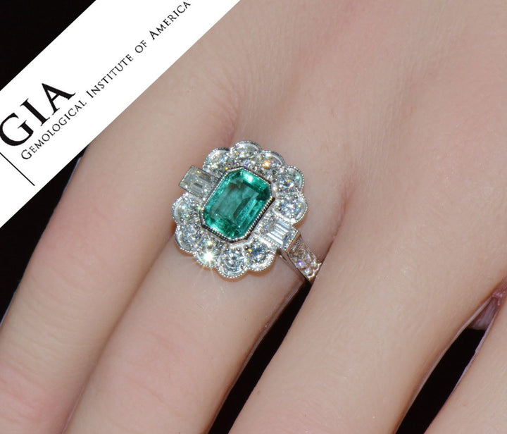GIA Certified 2.53CT Natural Zambian Emerald & Diamond Halo Milgrain 18K White Gold Ring