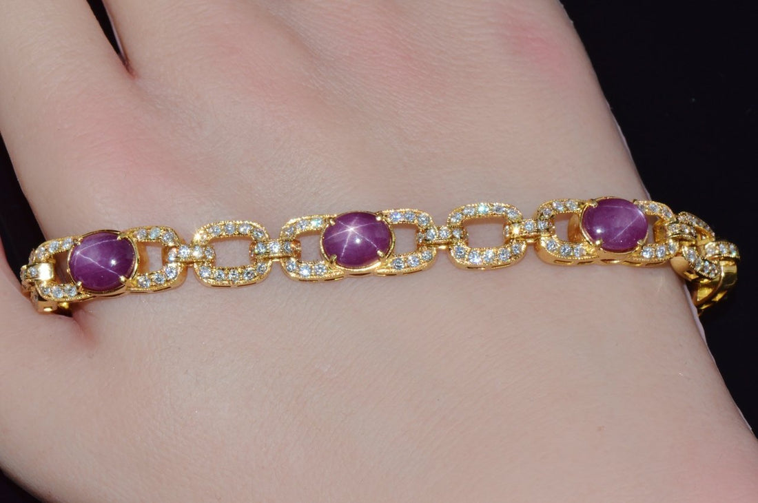 GIA Natural 25.14Cts VS F Diamond Unheated Star Ruby Solid 18K Gold Stacking Tennis Bracelet