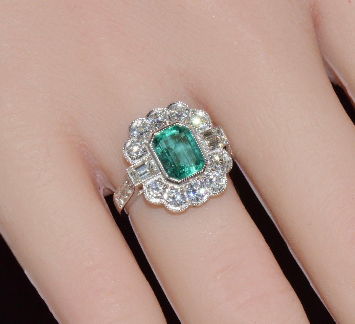 GIA Certified 2.53CT Natural Zambian Emerald & Diamond Halo Milgrain 18K White Gold Ring