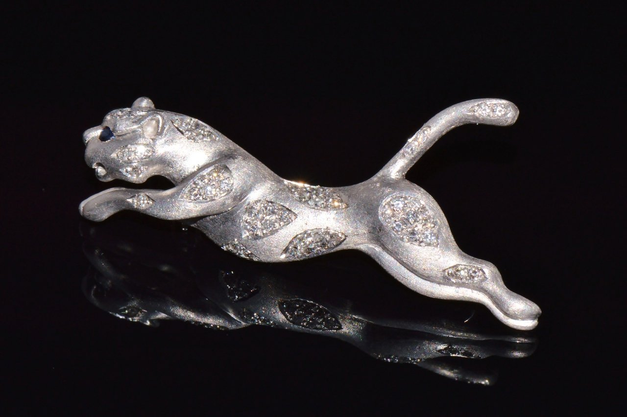 Certified Natural 0.66Cts VS G Diamond Sapphire 14K Solid Gold Panther Brooch Pin