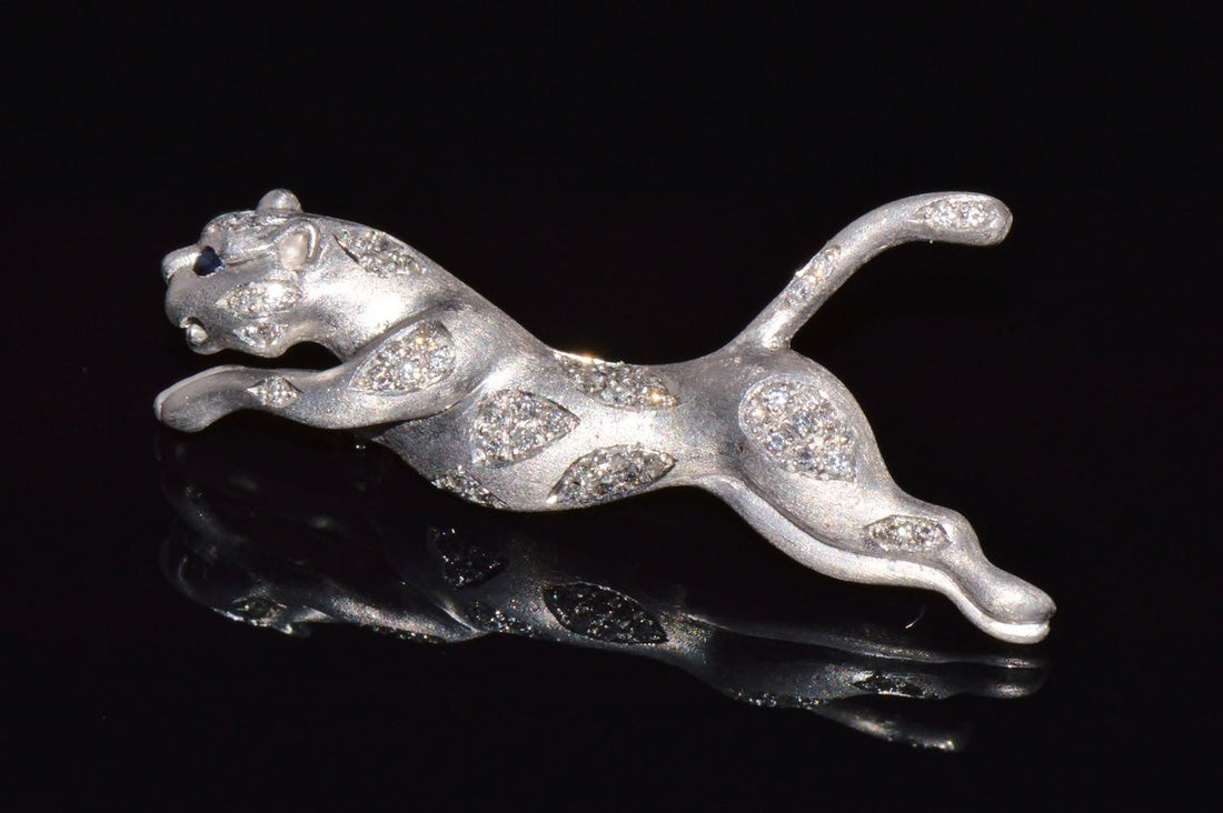 Certified Natural 0.66Cts VS G Diamond Sapphire 14K Solid Gold Panther Brooch Pin