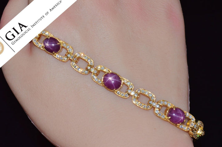 GIA Natural 25.14Cts VS F Diamond Unheated Star Ruby Solid 18K Gold Stacking Tennis Bracelet