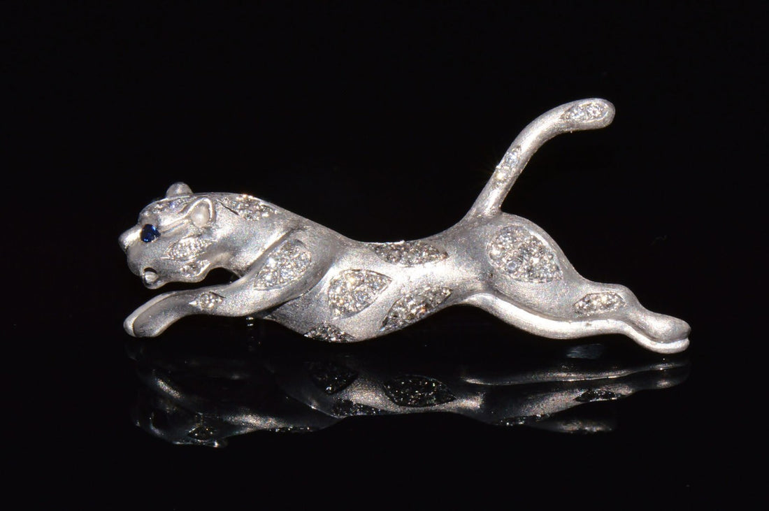 Certified Natural 0.66Cts VS G Diamond Sapphire 14K Solid Gold Panther Brooch Pin
