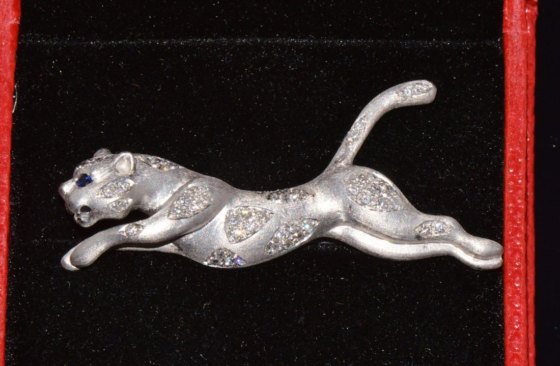 Certified Natural 0.66Cts VS G Diamond Sapphire 14K Solid Gold Panther Brooch Pin