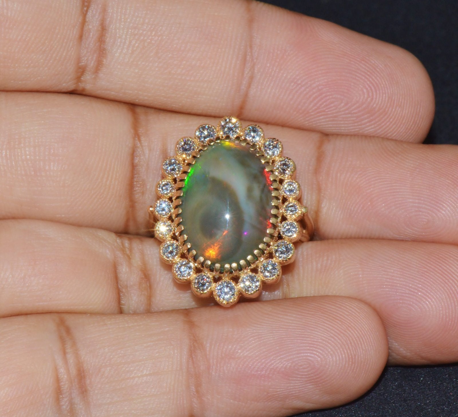 Certified Natural 9.25Cts VS F Diamond Opal 750 18K Solid Gold Cocktail Halo Milgrain Ring