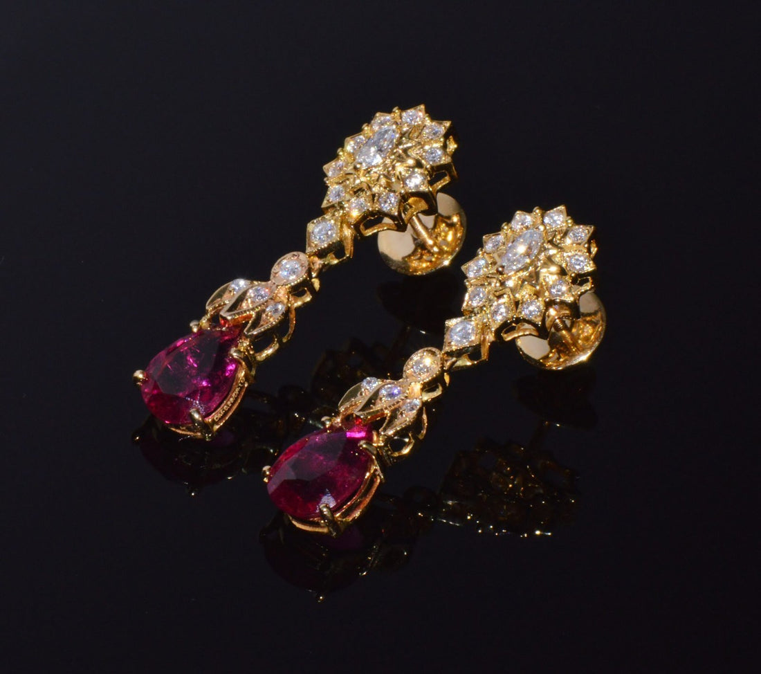 Certified Natural 5.86CTS VS F Diamond Rubellite Tourmaline Dangle Earrings
