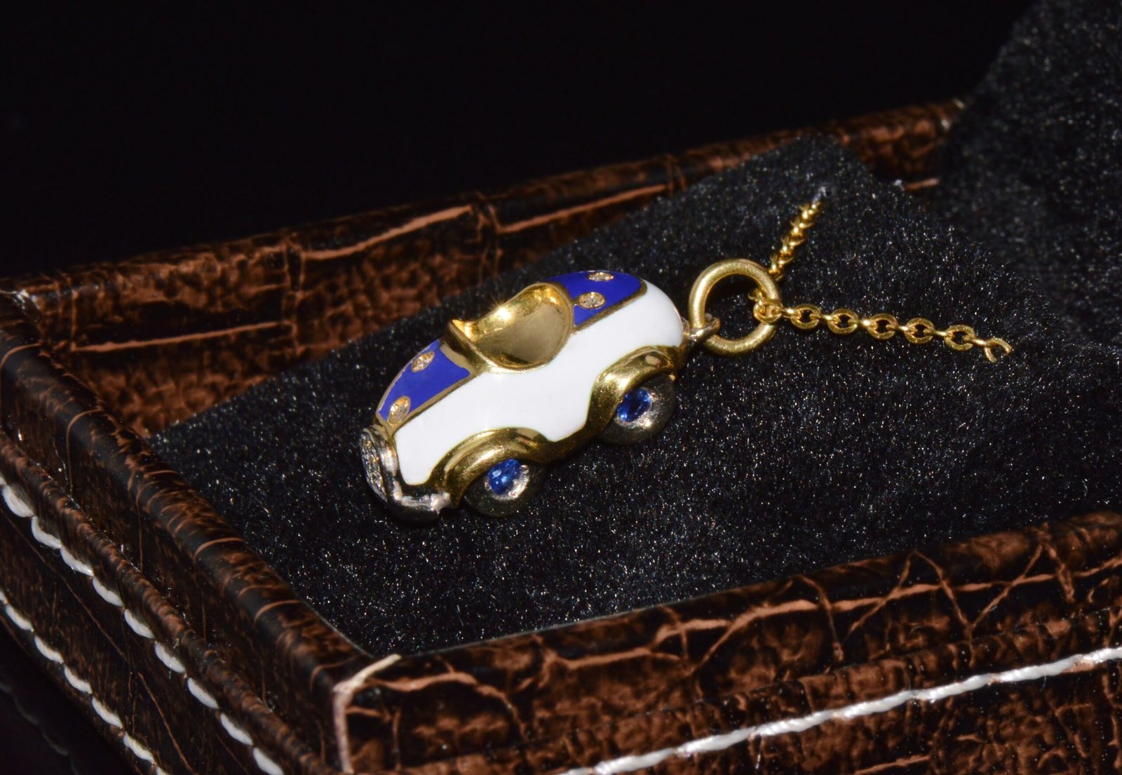 Designer Aaron Basha Natural Diamond Sapphire & Enamel Solid 18k Gold Luxury Car Charm Pendant