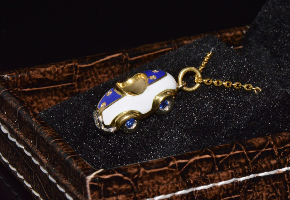 Designer Aaron Basha Natural Diamond Sapphire & Enamel Solid 18k Gold Luxury Car Charm Pendant