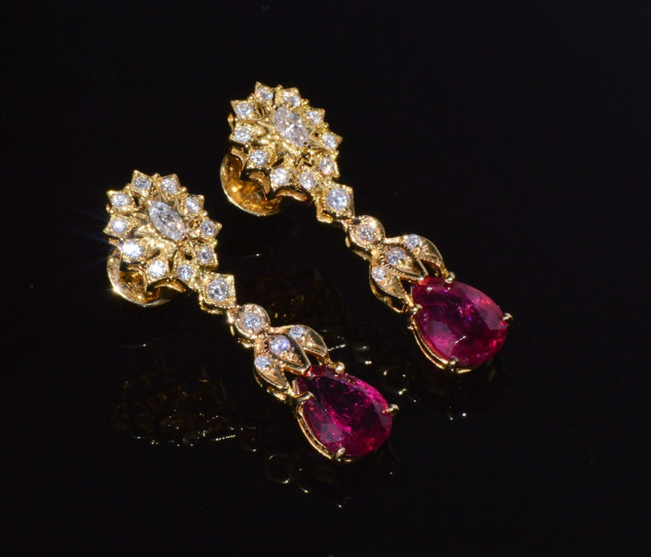 Certified Natural 5.86CTS VS F Diamond Rubellite Tourmaline Dangle Earrings