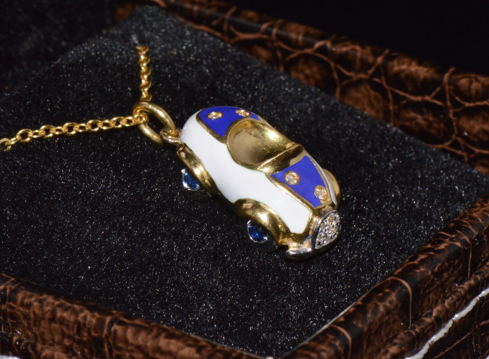 Designer Aaron Basha Natural Diamond Sapphire & Enamel Solid 18k Gold Luxury Car Charm Pendant