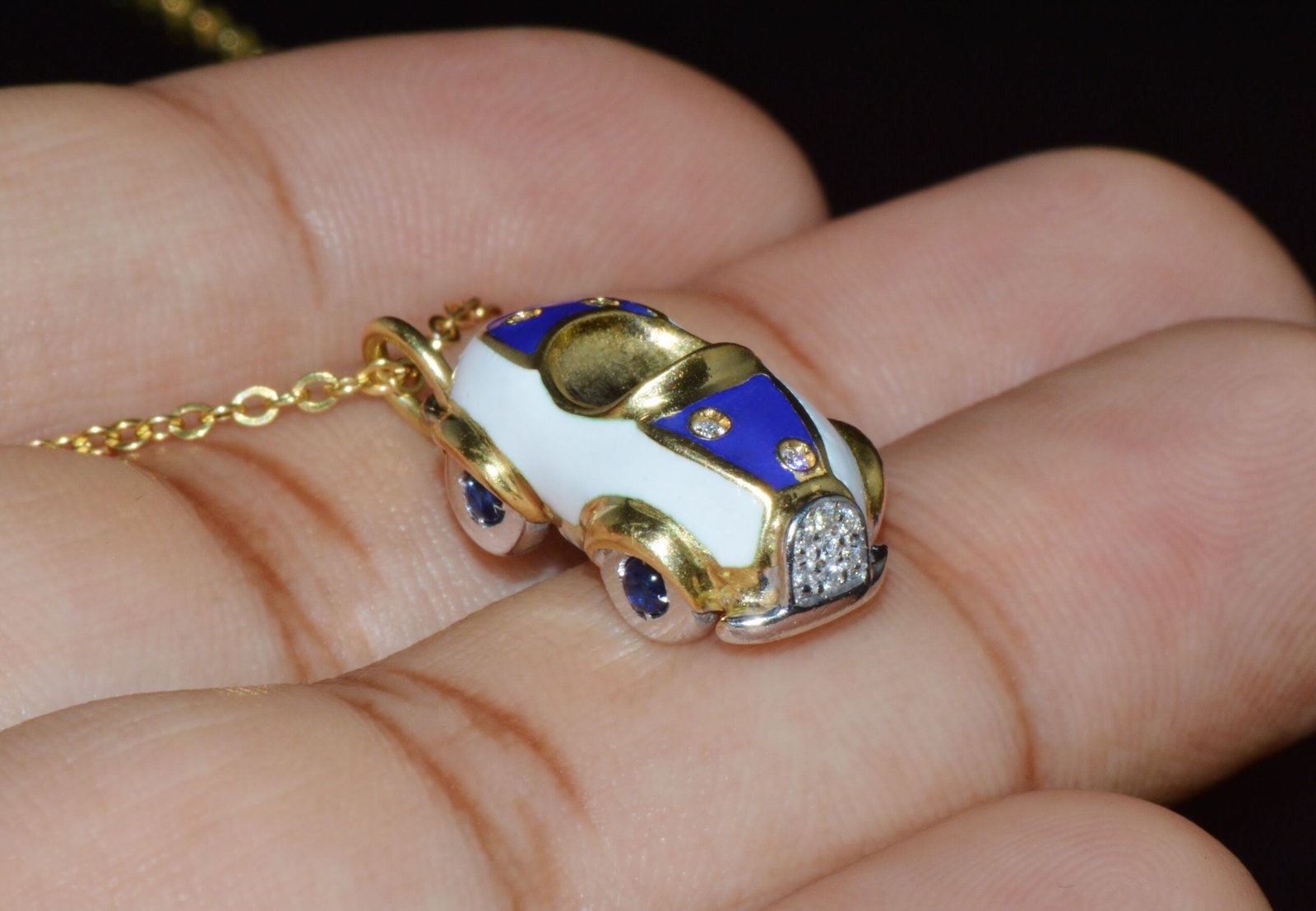 Designer Aaron Basha Natural Diamond Sapphire & Enamel Solid 18k Gold Luxury Car Charm Pendant
