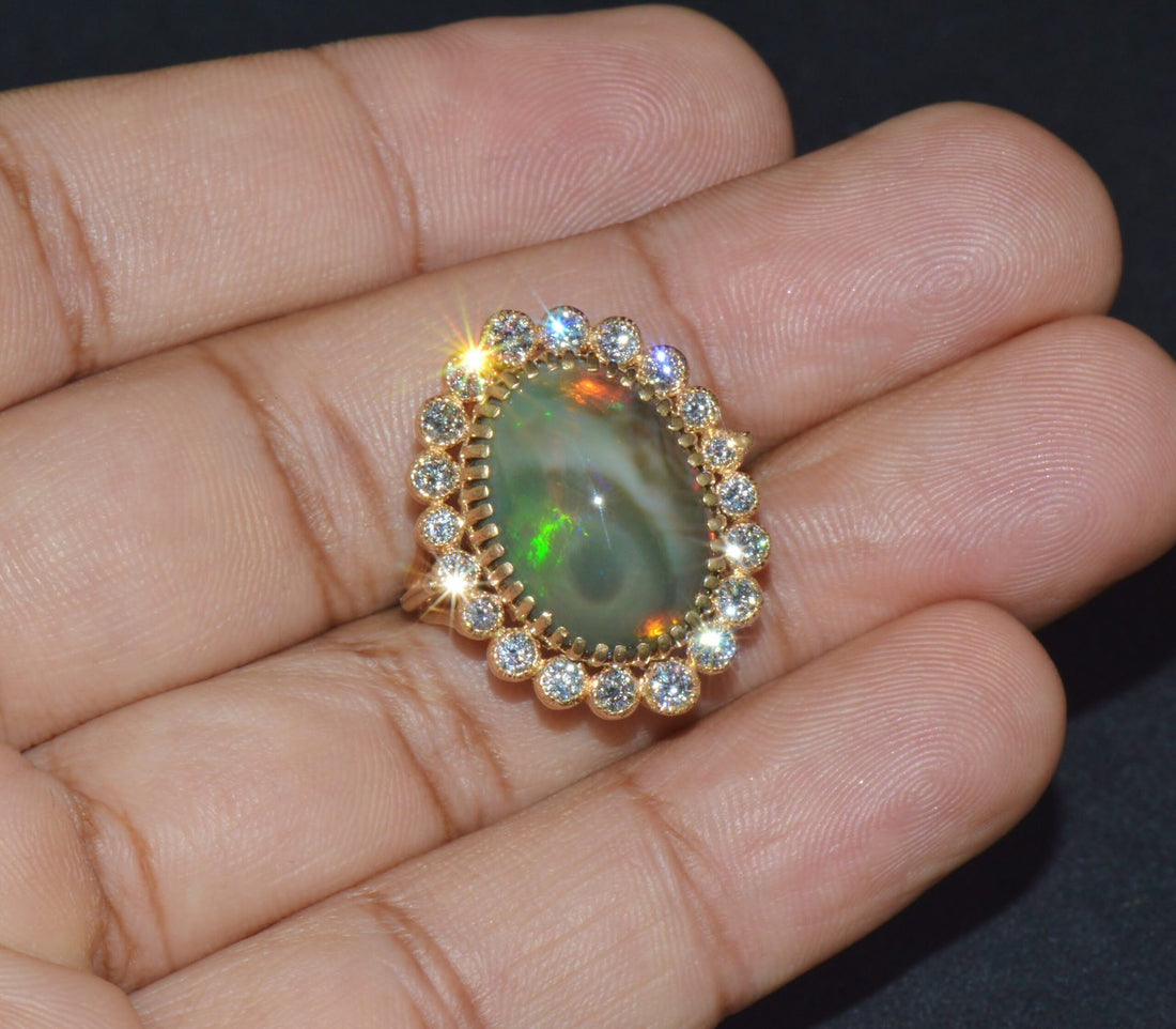 Certified Natural 9.25Cts VS F Diamond Opal 750 18K Solid Gold Cocktail Halo Milgrain Ring