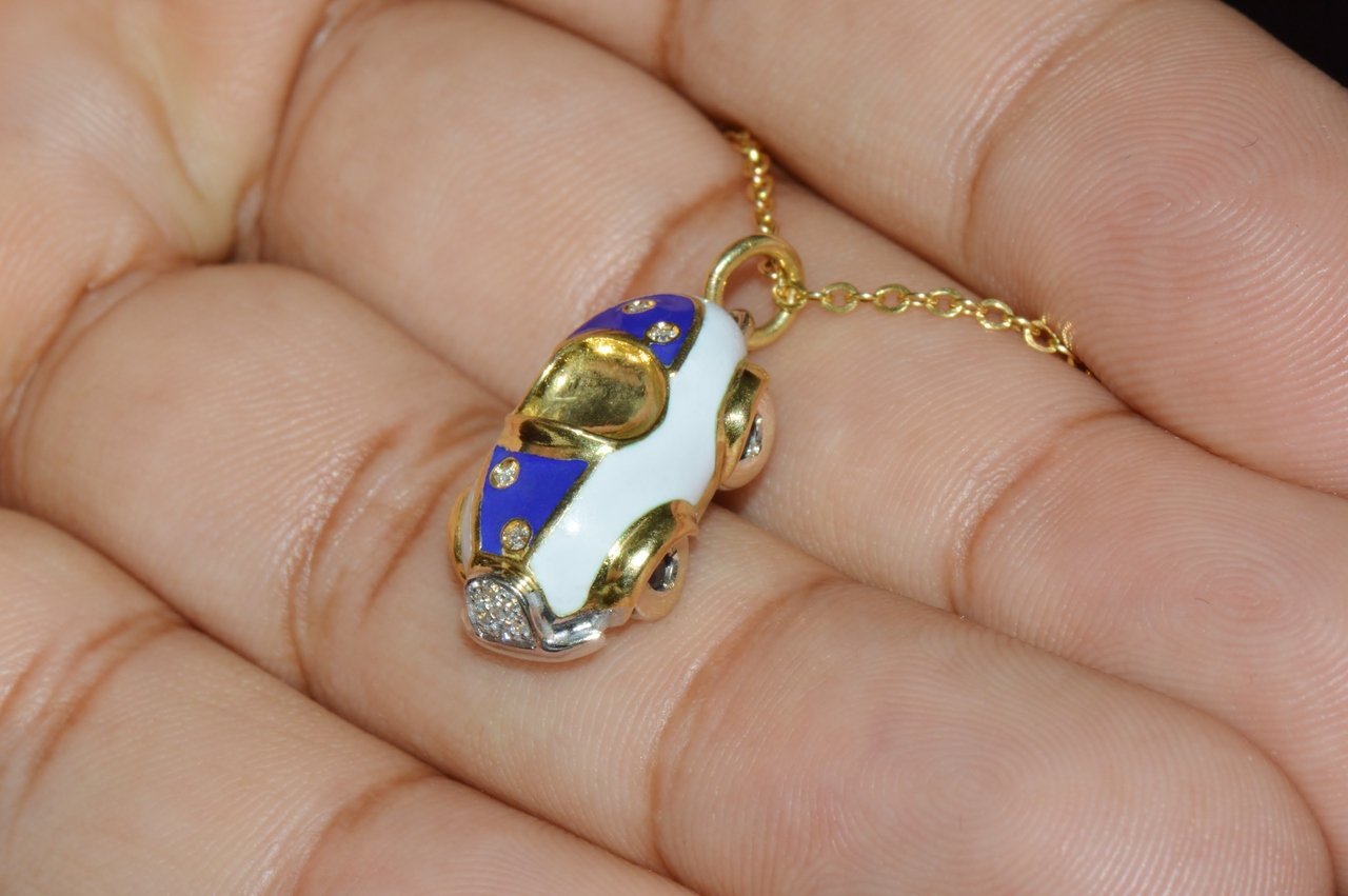 Designer Aaron Basha Natural Diamond Sapphire & Enamel Solid 18k Gold Luxury Car Charm Pendant