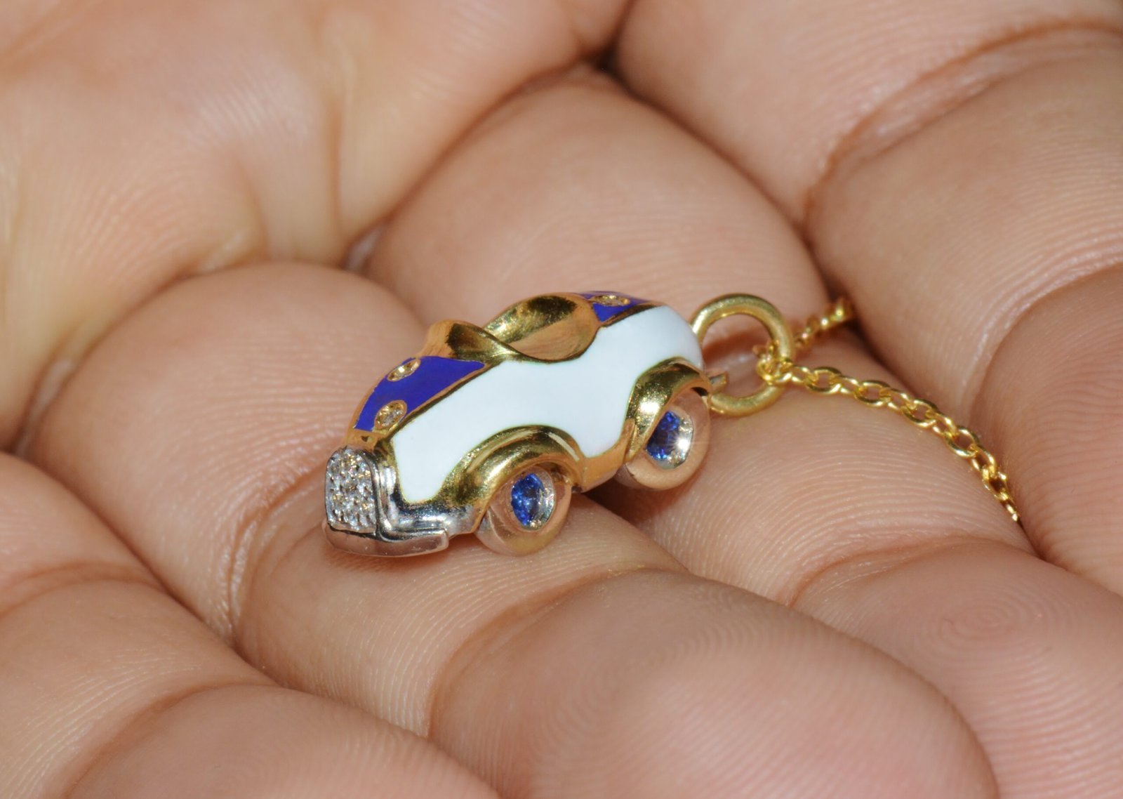 Designer Aaron Basha Natural Diamond Sapphire & Enamel Solid 18k Gold Luxury Car Charm Pendant