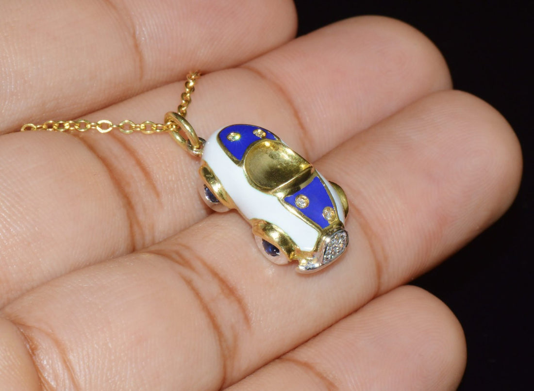 Designer Aaron Basha Natural Diamond Sapphire & Enamel Solid 18k Gold Luxury Car Charm Pendant