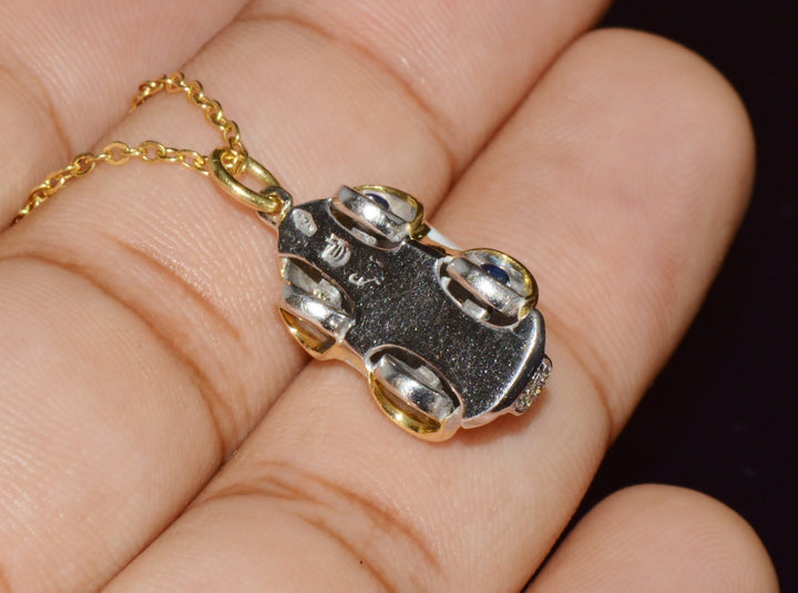 Designer Aaron Basha Natural Diamond Sapphire & Enamel Solid 18k Gold Luxury Car Charm Pendant