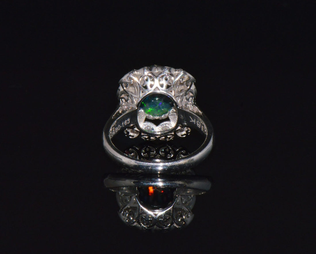 Certified Natural 2.69Cts VS F Diamond Black Opal 18K Solid Gold Tiered Dome Ring