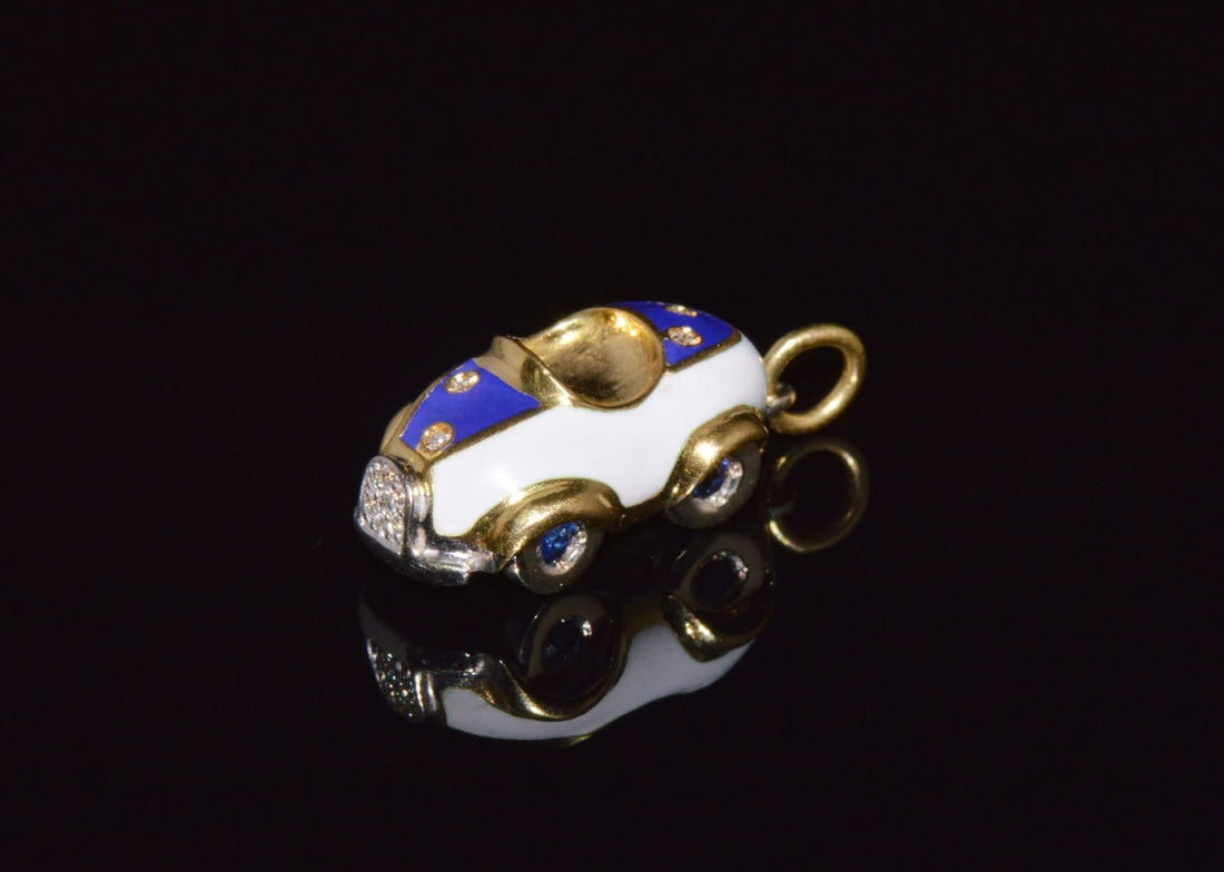 Designer Aaron Basha Natural Diamond Sapphire & Enamel Solid 18k Gold Luxury Car Charm Pendant