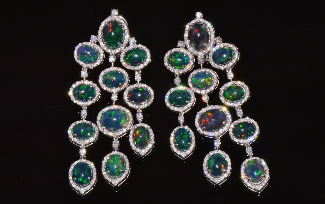 Certified Natural 31.18CTS VS F Diamond Black Opal 18K Solid Gold Dangle Chandelier Earrings