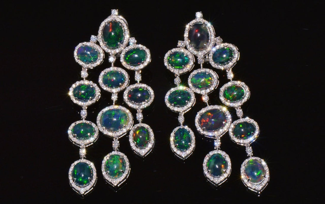 Certified Natural 31.18CTS VS F Diamond Black Opal 18K Solid Gold Dangle Chandelier Earrings
