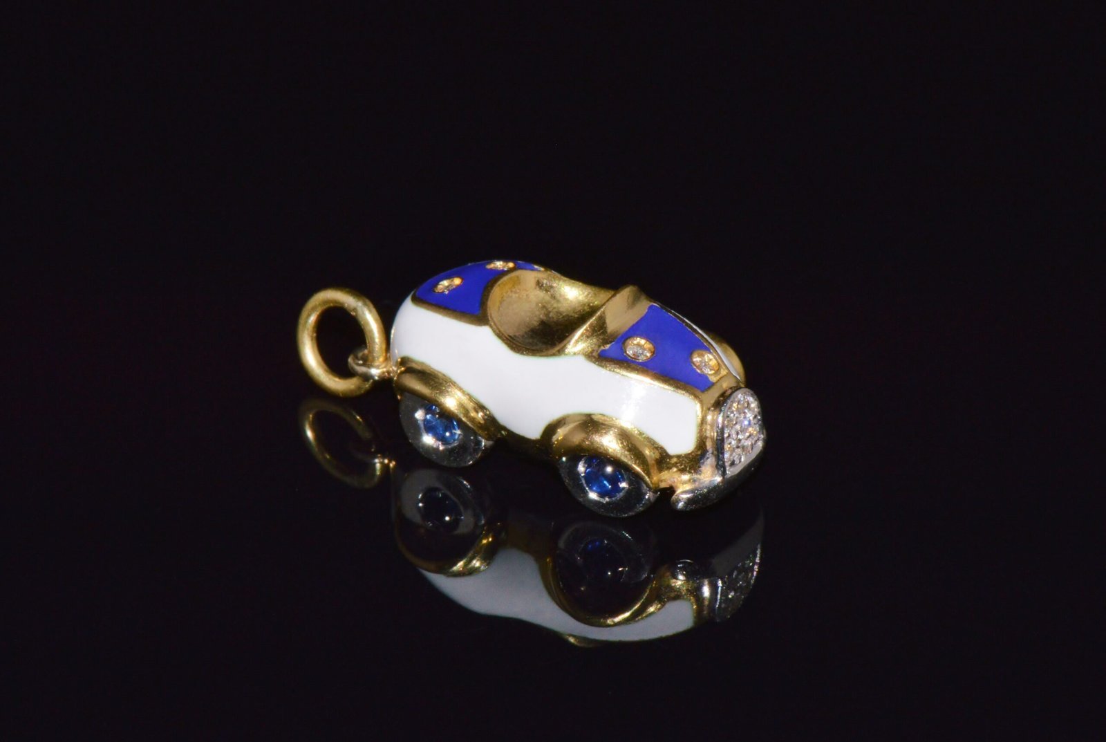 Designer Aaron Basha Natural Diamond Sapphire & Enamel Solid 18k Gold Luxury Car Charm Pendant